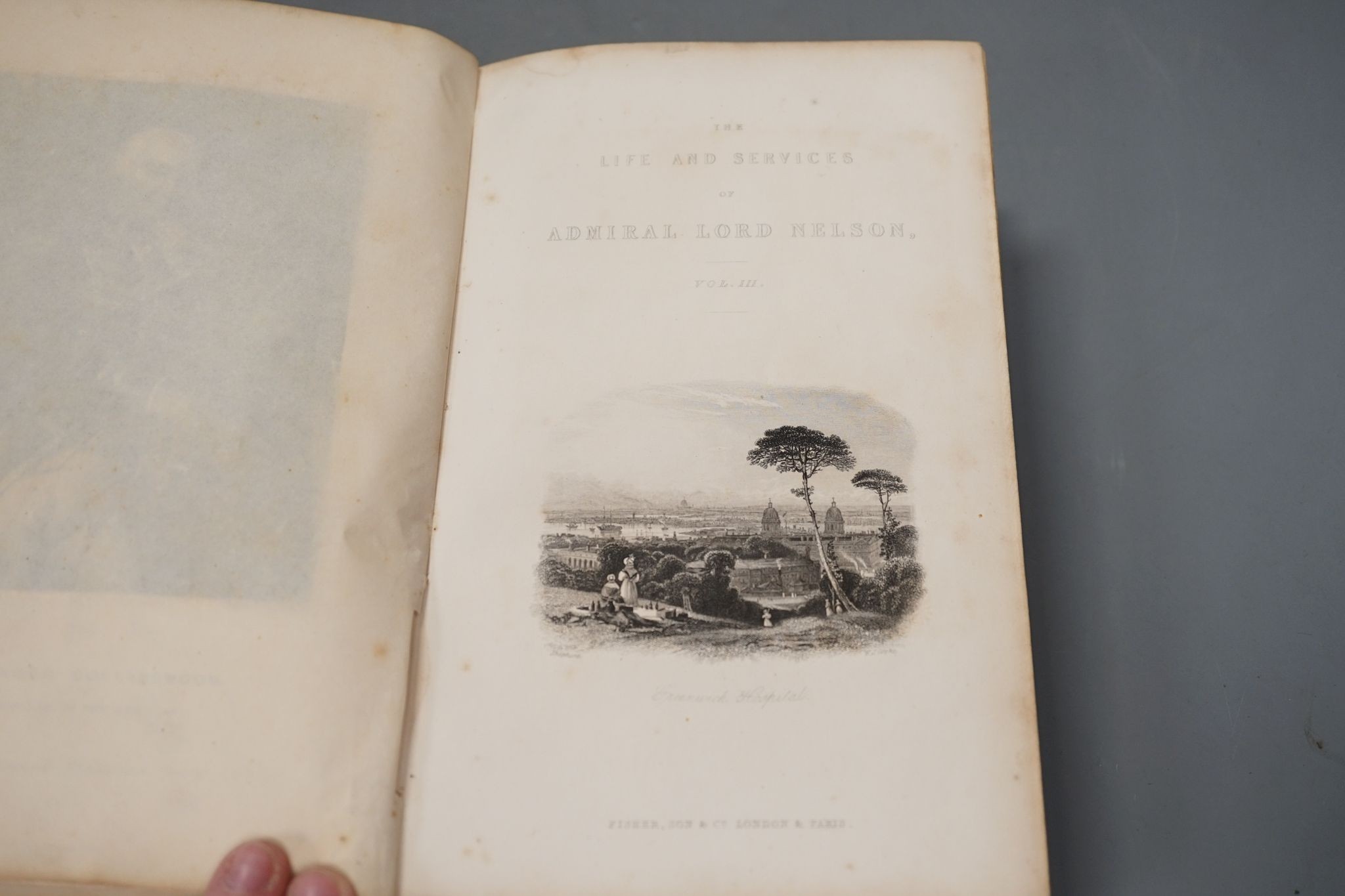 Clarke, Rev. James Stainer and M'Arthur, John - The Life and Services of Horatio Viscount Nelson ... (new edition), 3 vols, engraved pictorial and printed titles, 35 plates (but lacks Boulogne plan); contemp. diced calf,